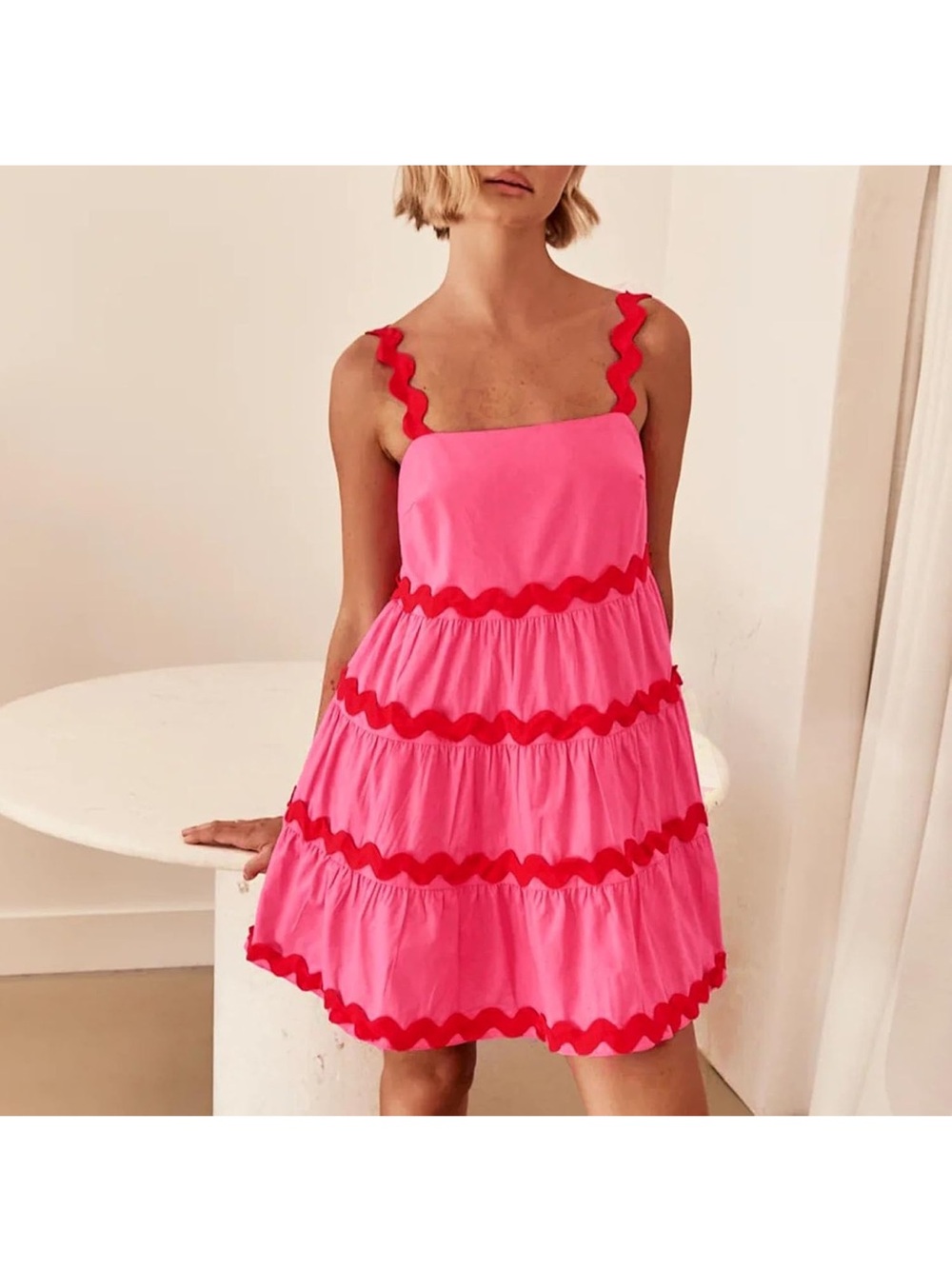 Pink Tiered Mini Dress with Red Ric Rac Trim Sz M